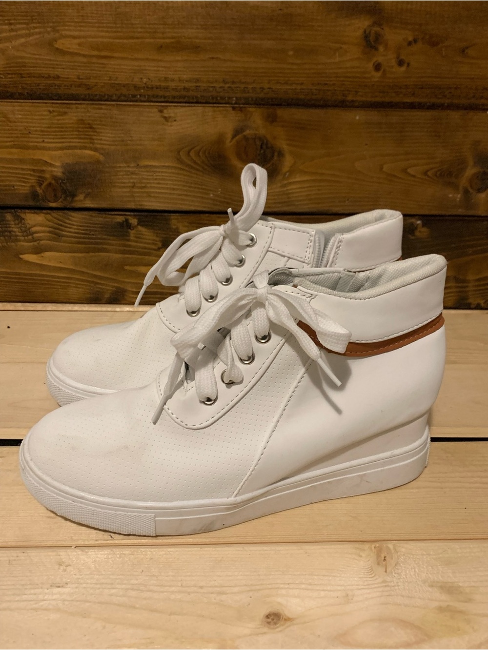 White Wedge High-Top Sneaker with Tan Accent - Women's Shoes